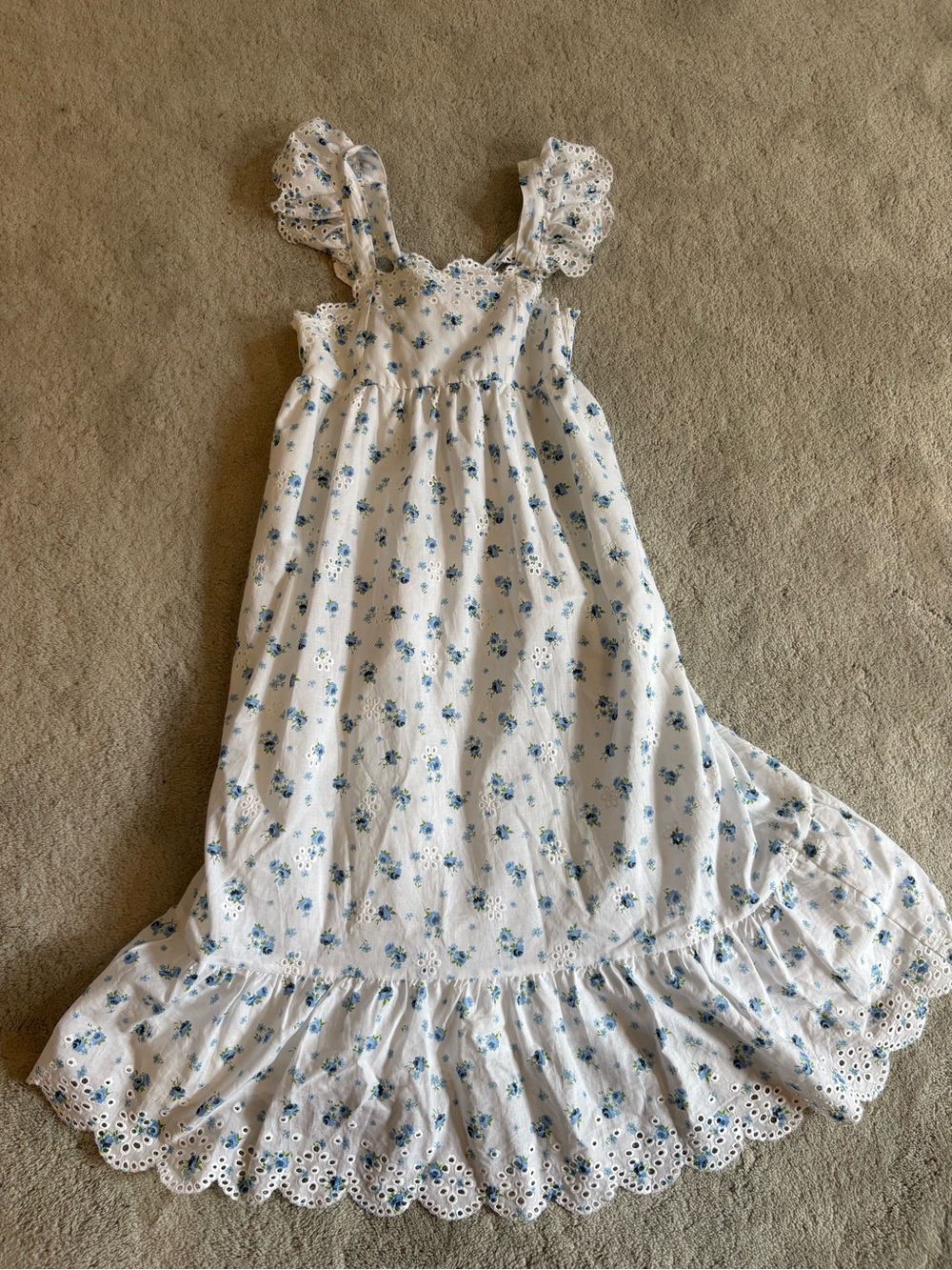 Copper Key White dress with Blue Floral Print and Eyelet Ruffle